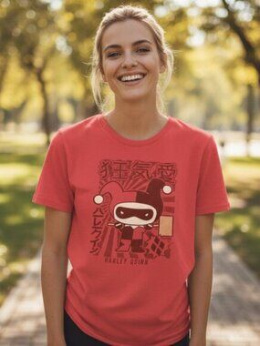 HARLEY QUINN Anime Graphic Tee S Red Japanese DC Comics Joker Goth Punk